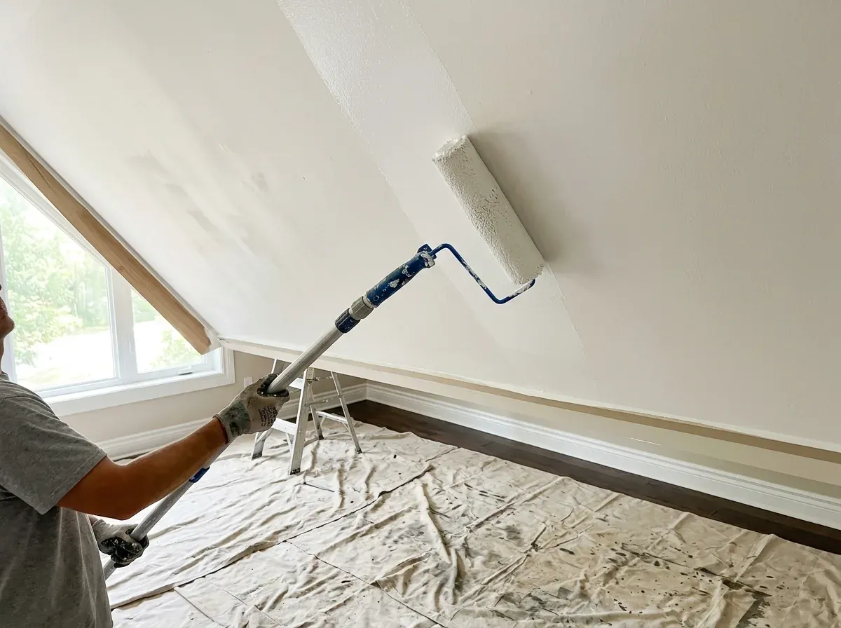 Ceiling being rolled with white paint